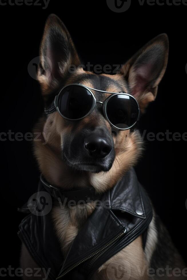 Cool dog with sunglasses and leather jacket on black background. Fashionable appearance, be trendy. Style and fashion. Stylish pet. Dog boss, funny pet. . photo