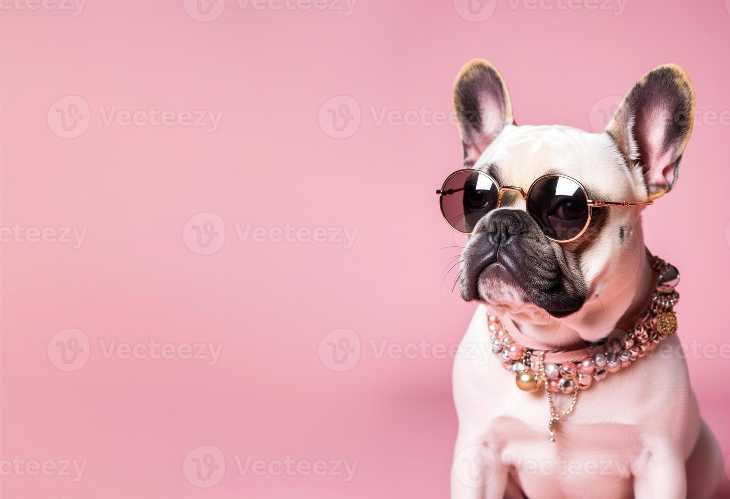 Cool dog with sunglasses and neckless on pink background. Copy space for text. Fashionable appearance, be trendy. Style and fashion. Stylish pet. Jewelry, accessories. . photo