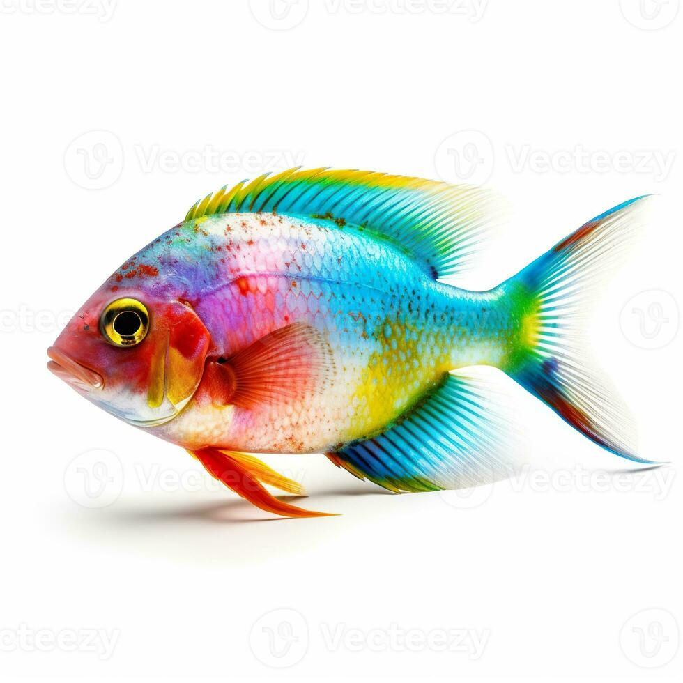 Beautiful colorful fish, isolated on white background. Ocean inhabitant, marine life. Undersea creature. Rainbow colors. Generative AI. photo