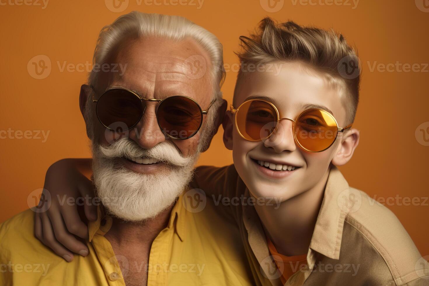 Happy grandfather and grandson. Positive senior with grandchild. Multi-generational family. Smiling people. Happy retirement. Positive aging, good mood. Cool senior. Portrait, close up. Generative AI. photo