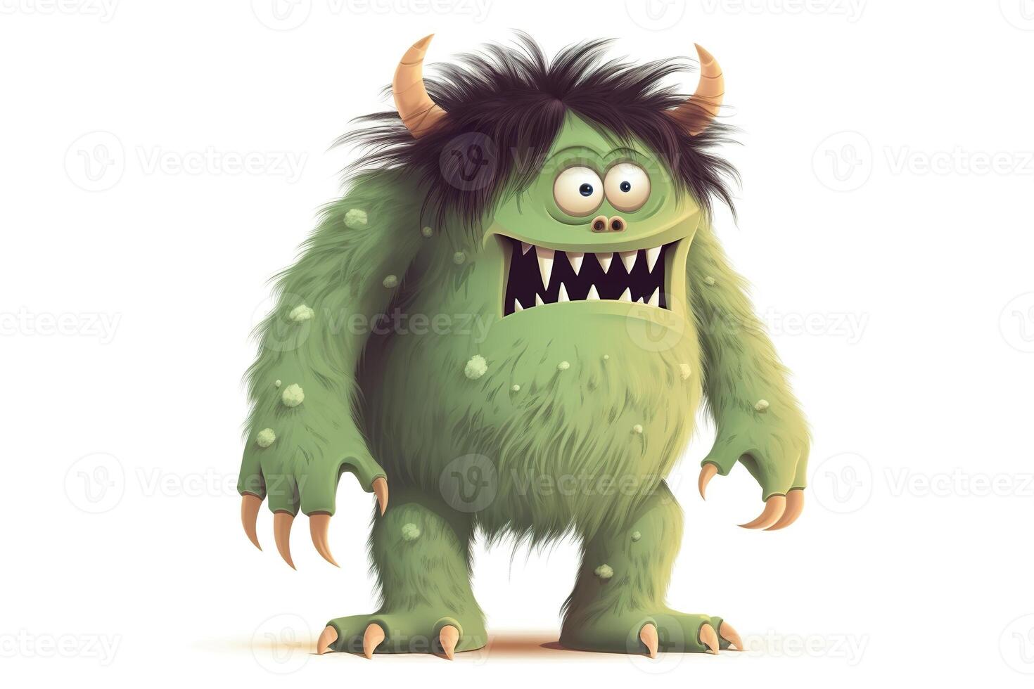 Funny green cartoon monster on white background. Scary creature. Cute Halloween character. . photo