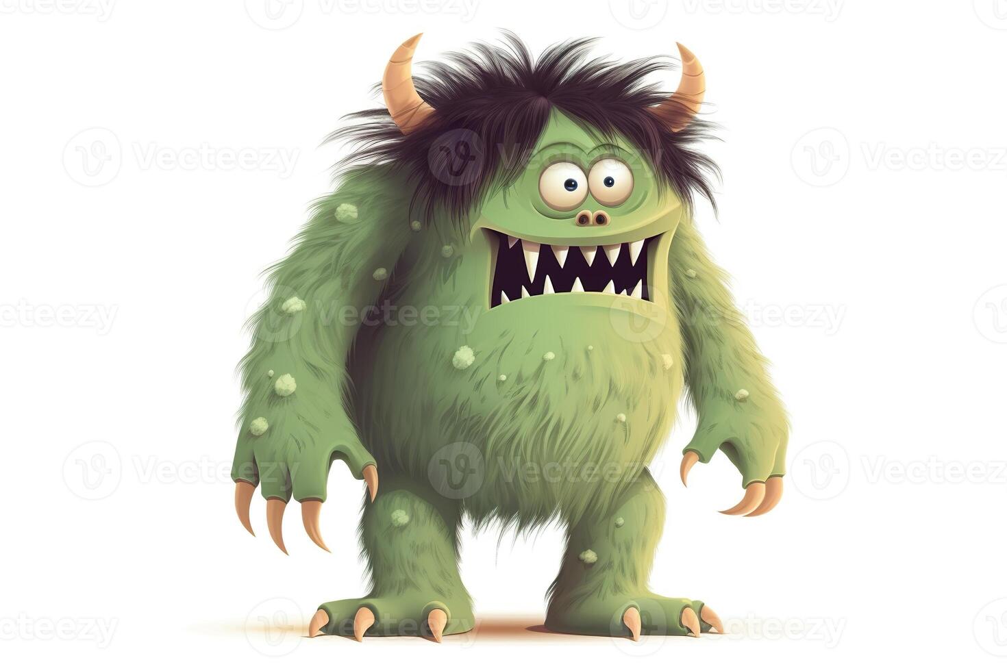 Funny green cartoon monster on white background. Scary creature. Cute Halloween character. Generative AI. photo