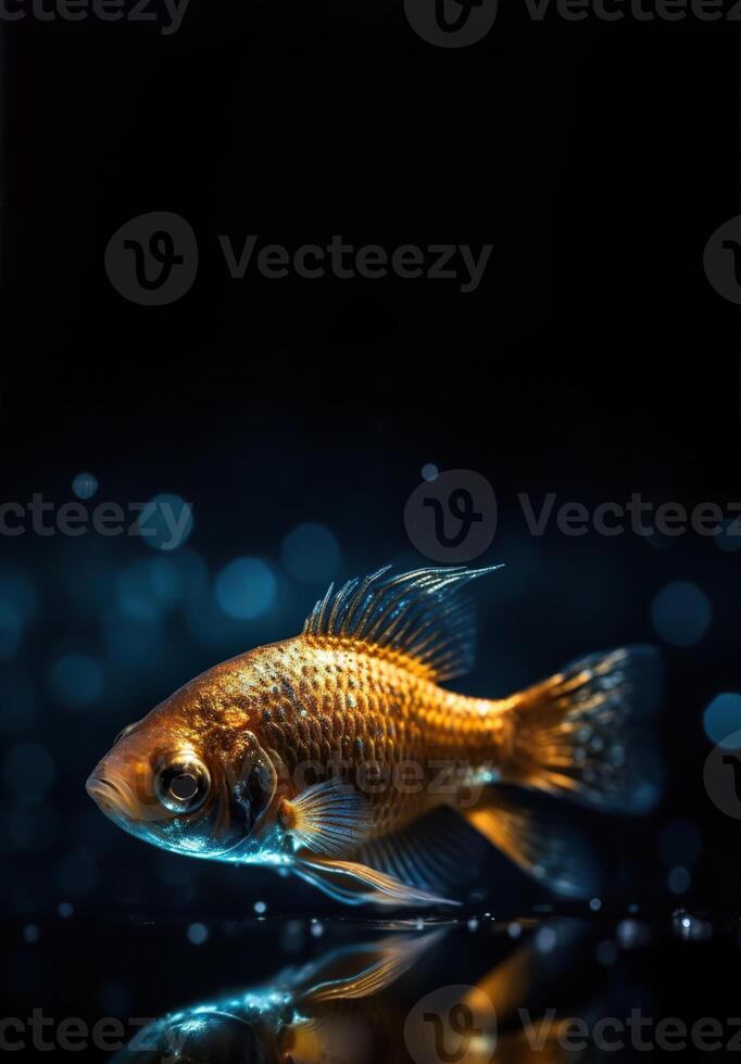 Beautiful golden fish in water. Ocean or sea inhabitant, marine life. Underwater creature. Copy space for text. Generative AI. photo