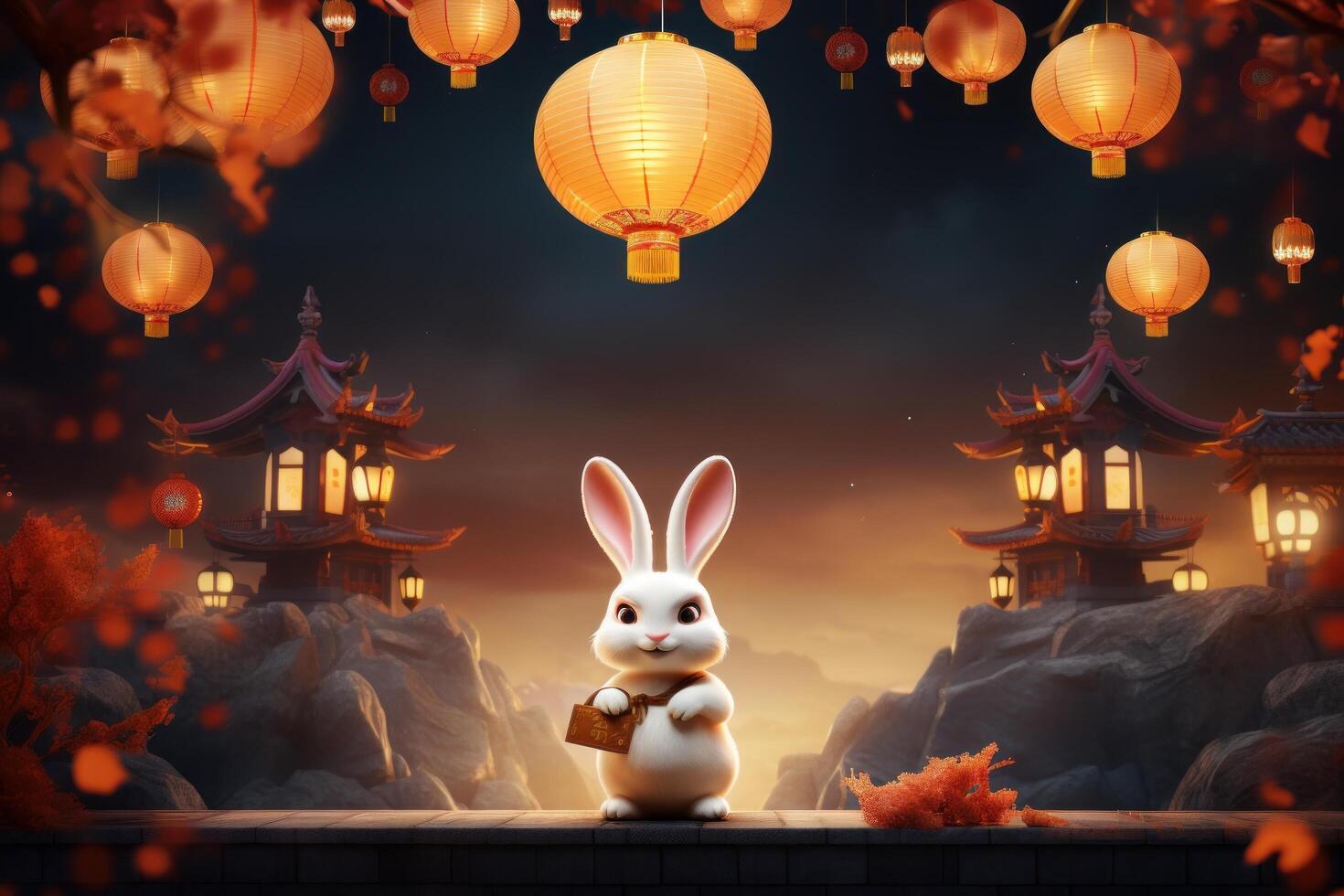 Cheerful Rabbit Celebrating Mid Autumn, Happy Mid Autumn Festival Background. photo