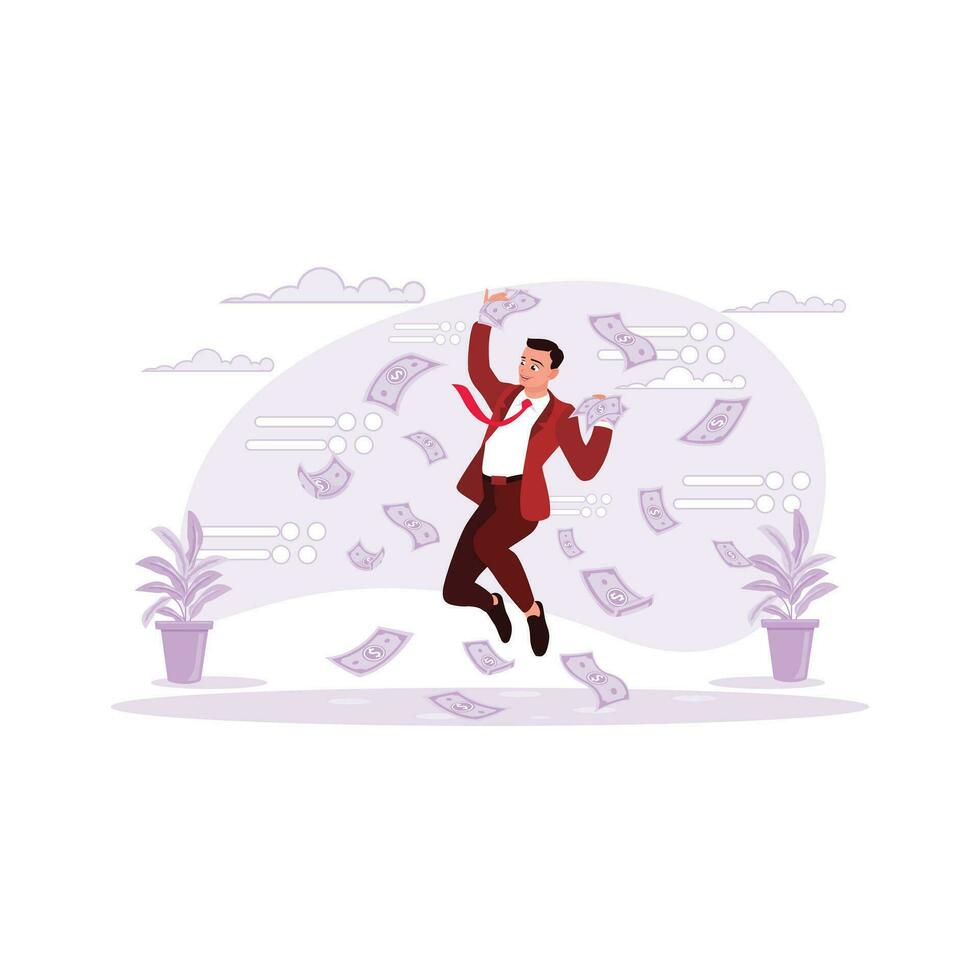 The young man in the suit jumped with the story and brought some money. Trend Modern vector flat illustration.