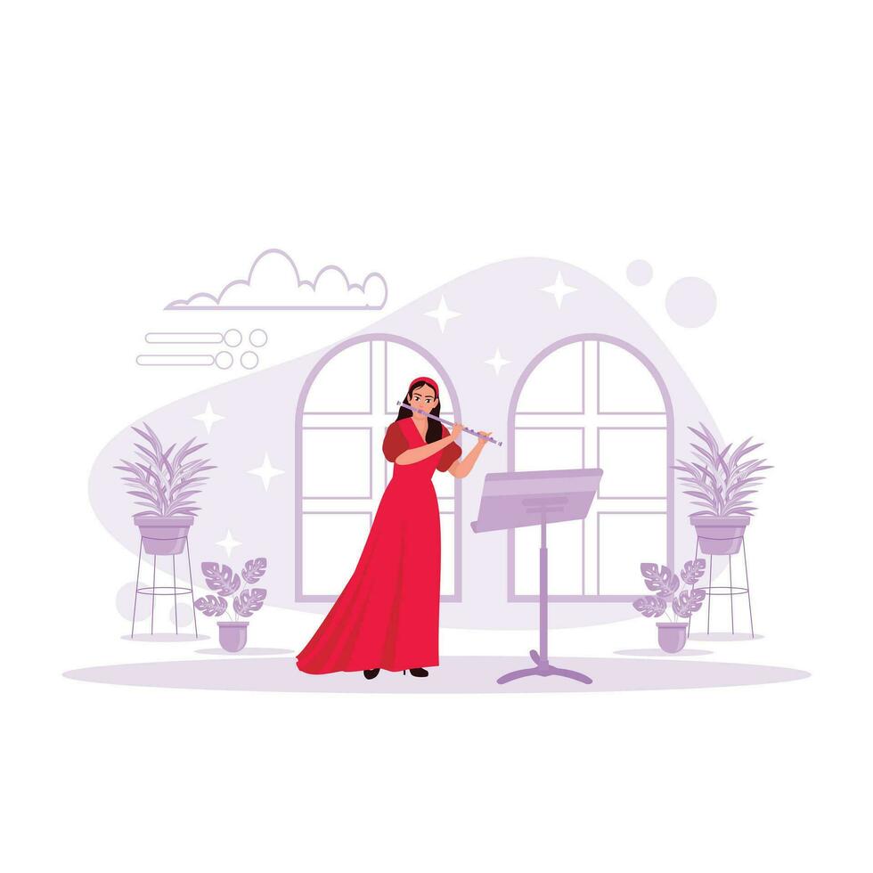 Beautiful woman in a long dress, playing flute professionally. Trend Modern vector flat illustration.