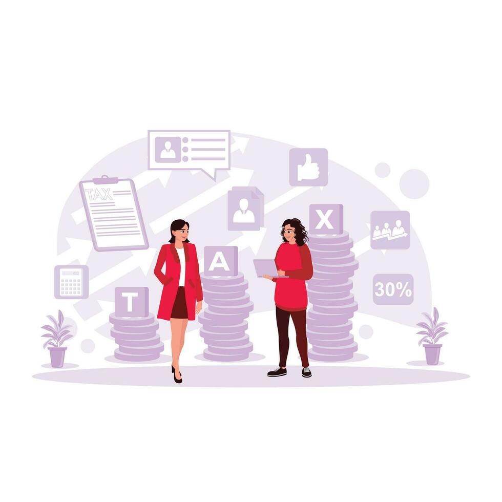 Two women stood against a background of a growing pile of coins to increase the taxation concept. Trend Modern vector flat illustration.
