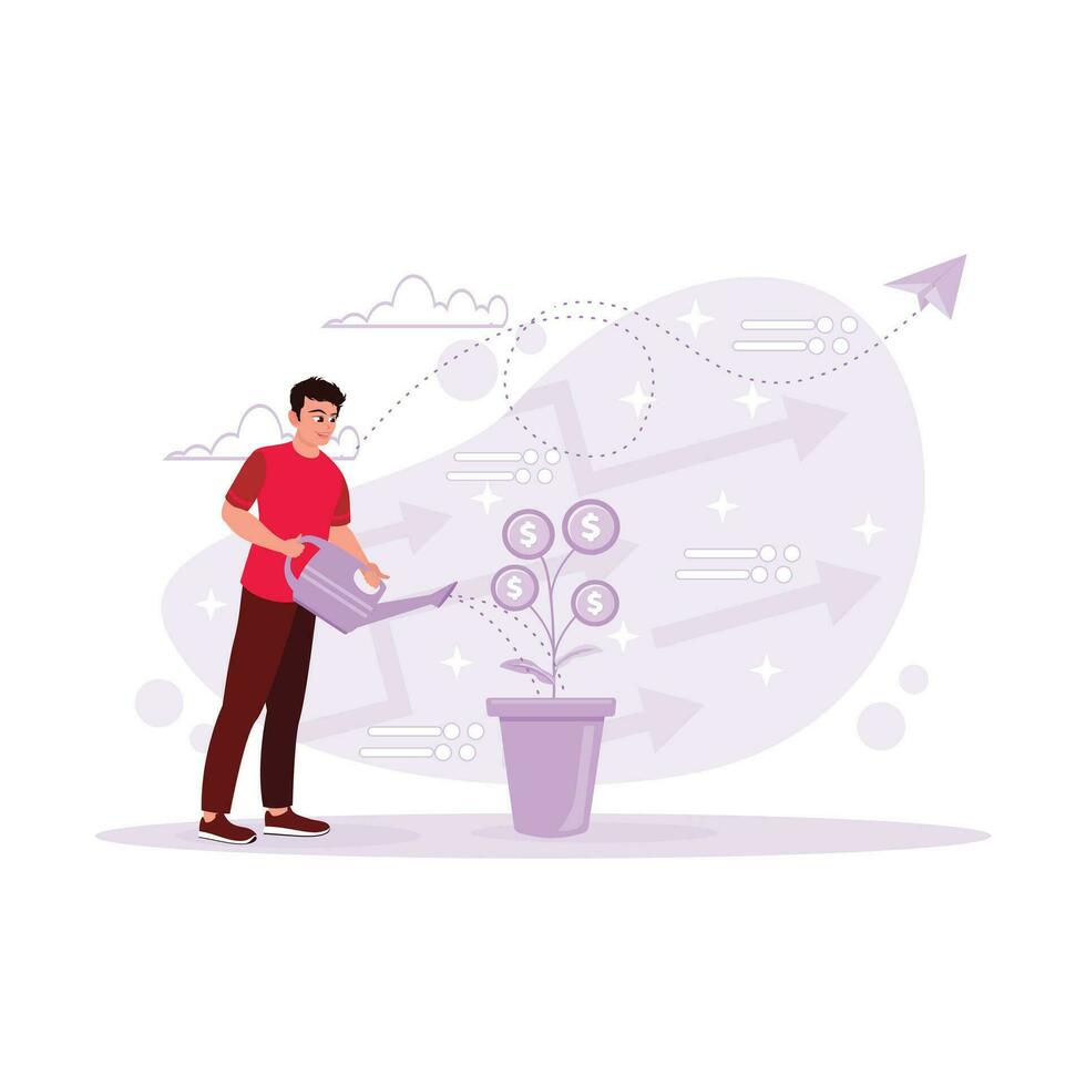 Portrait of a young man sweeping a lush money tree. Concept of business growth, profit, and success. Trend Modern vector flat illustration.