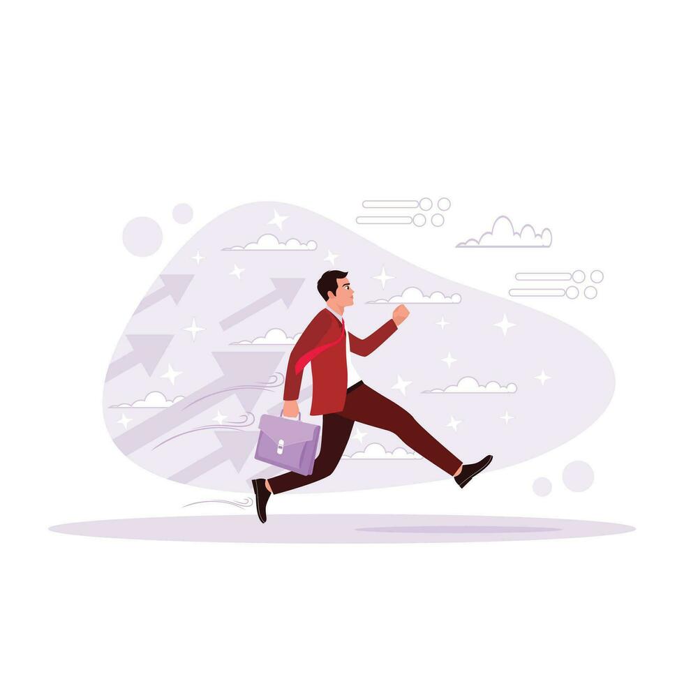 Young businessman jumping on arrows background. Growth concept. Trend Modern vector flat illustration.