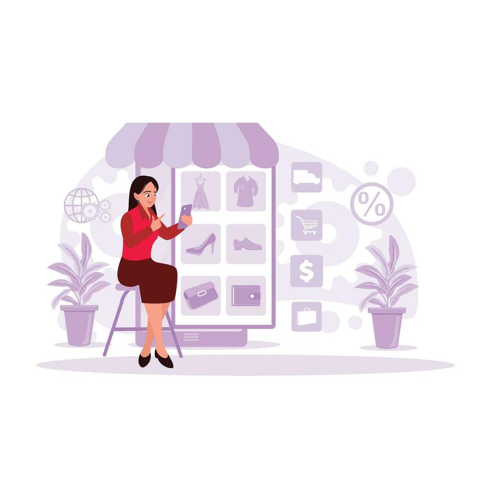 Close-up young Asian woman sitting and using a smartphone, shopping for clothes, bags, and shoes on a marketplace site. Trend Modern vector flat illustration.