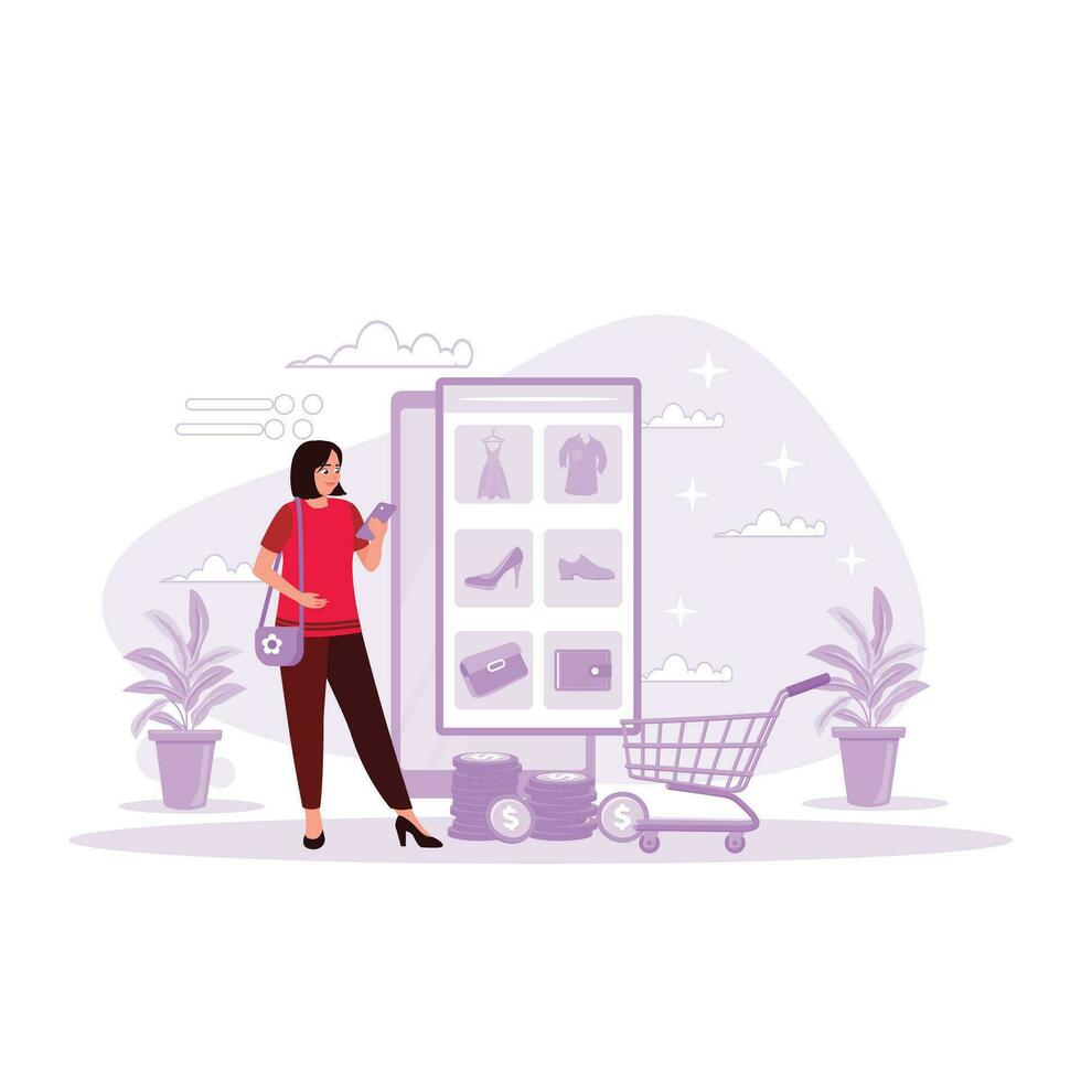 joven mujer tienda para ropa, zapatos, y pantalones en en línea compras sitios web utilizando teléfonos inteligentes tendencia moderno vector plano ilustración.