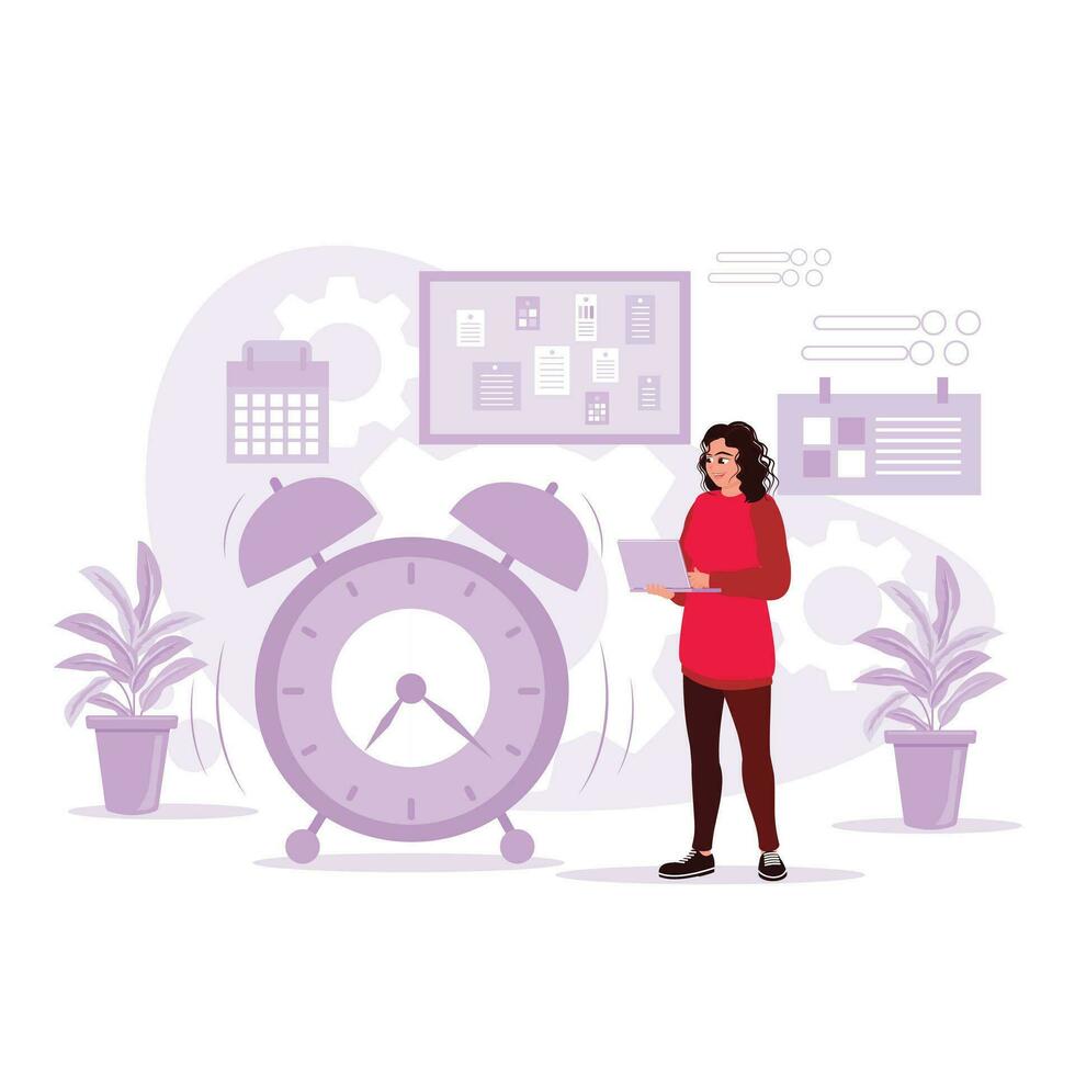 Women are working late in the office and seriously considering the business project deadlines. Trend Modern vector flat illustration.