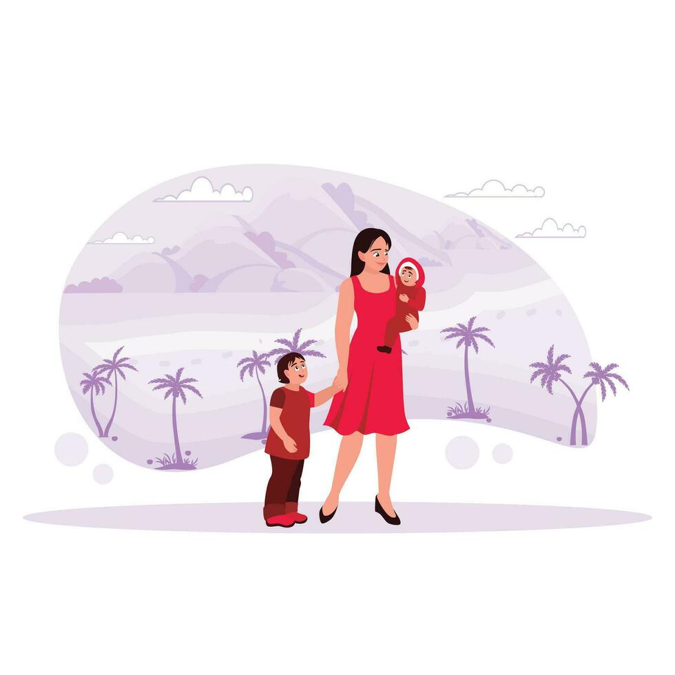 Mother and two children strolled happily, enjoying the beauty of the beach. Trend Modern vector flat illustration.