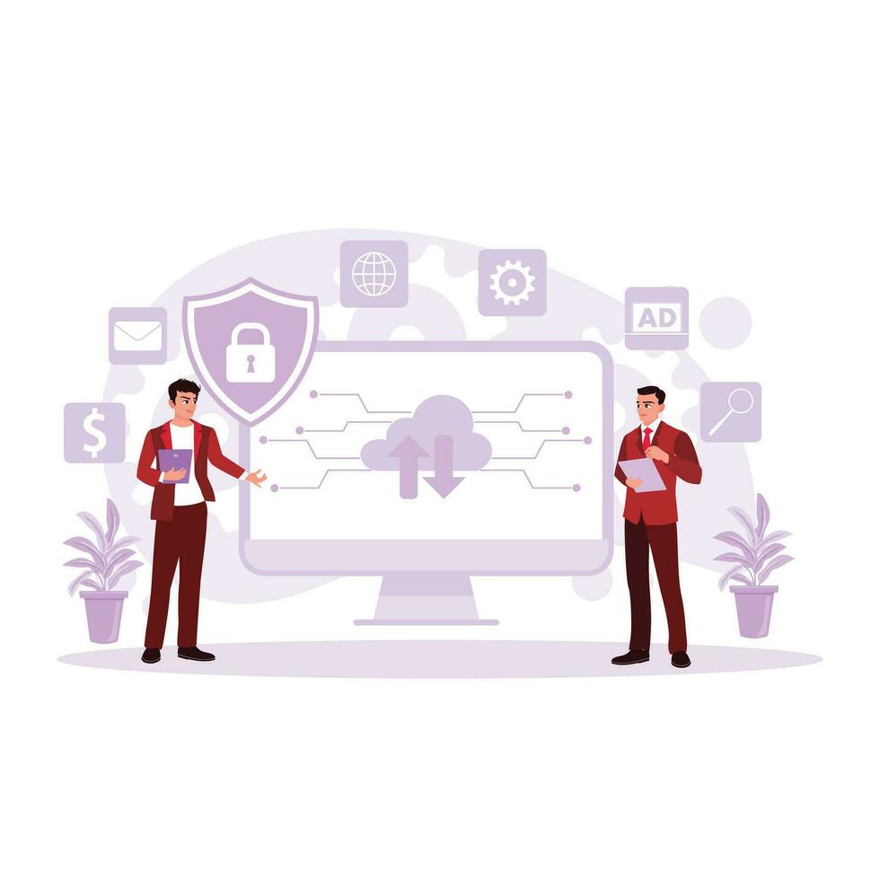 Two cloud server security employees, access system network connections, and locked database storage. Trend Modern vector flat illustration.