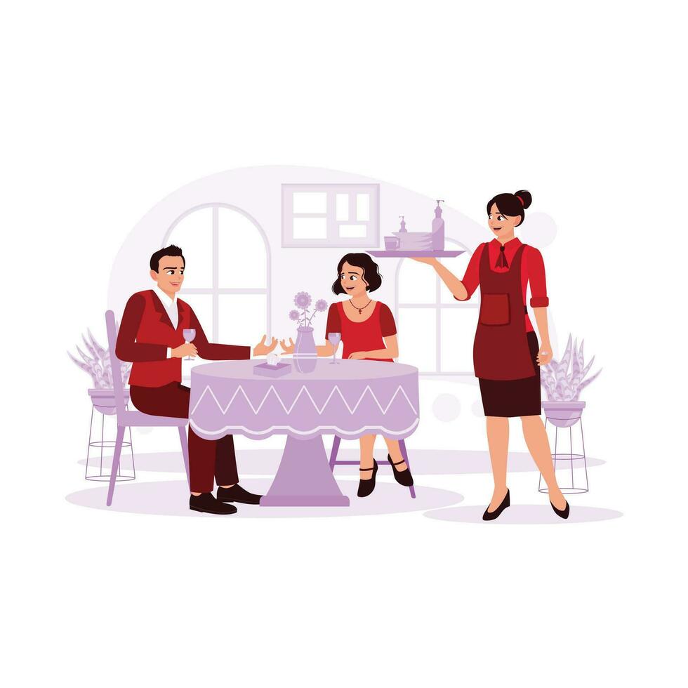 Female servers wearing aprons serve food to a couple of customers in a restaurant. Romantic dinner, restaurant. Trend Modern vector flat illustration.