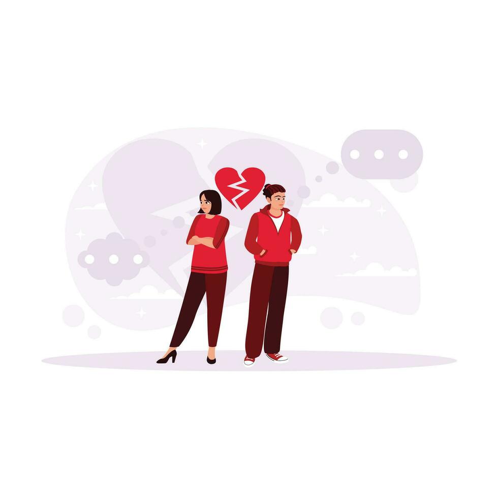 Angry couple. Not looking at each other and marked by a broken heart. Man thinks about problems in a relationship. Trend modern vector flat illustration.