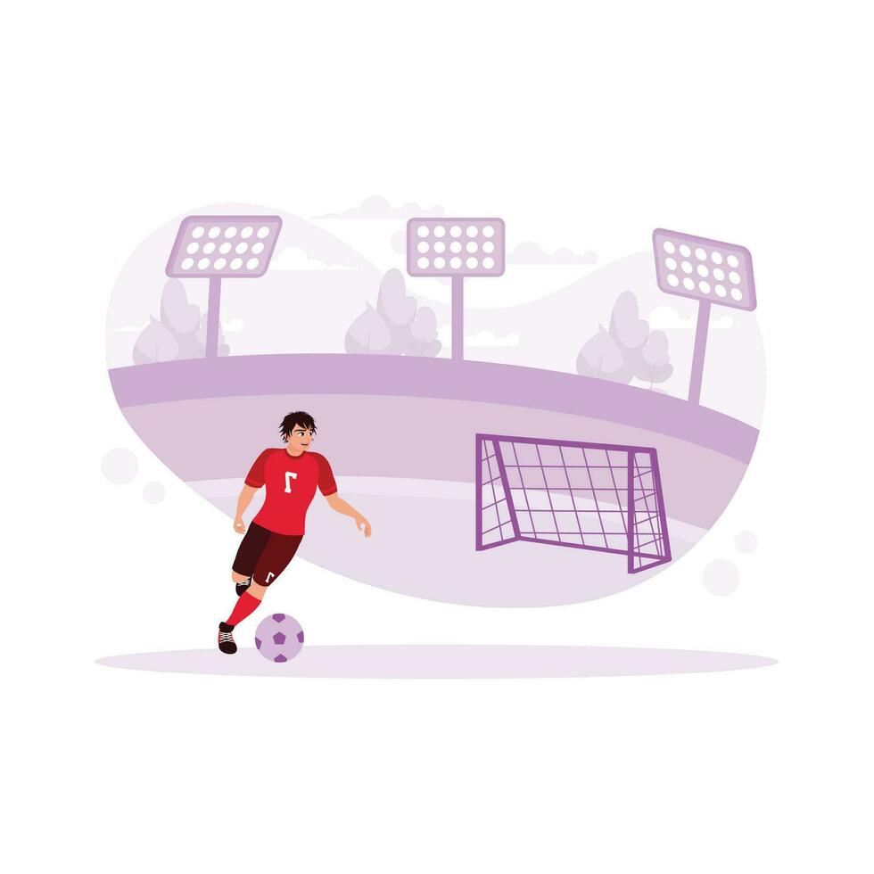 Football players, on a field with complete facilities, trees, and lights, try to kick the ball with their feet and put it in a goal. Trend Modern vector flat illustration.