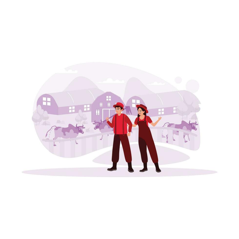 Happy young couple, manager of cattle farm. Background of several buildings as cowsheds and many cows roaming around. Trend Modern vector flat illustration.