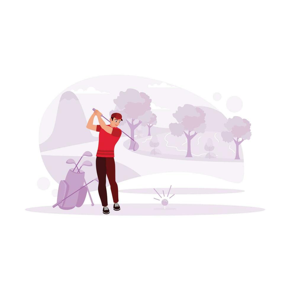 Golf course surrounded by shady trees, professional golfer, trying to make a shot with a golf club in hand. Trend Modern vector flat illustration.