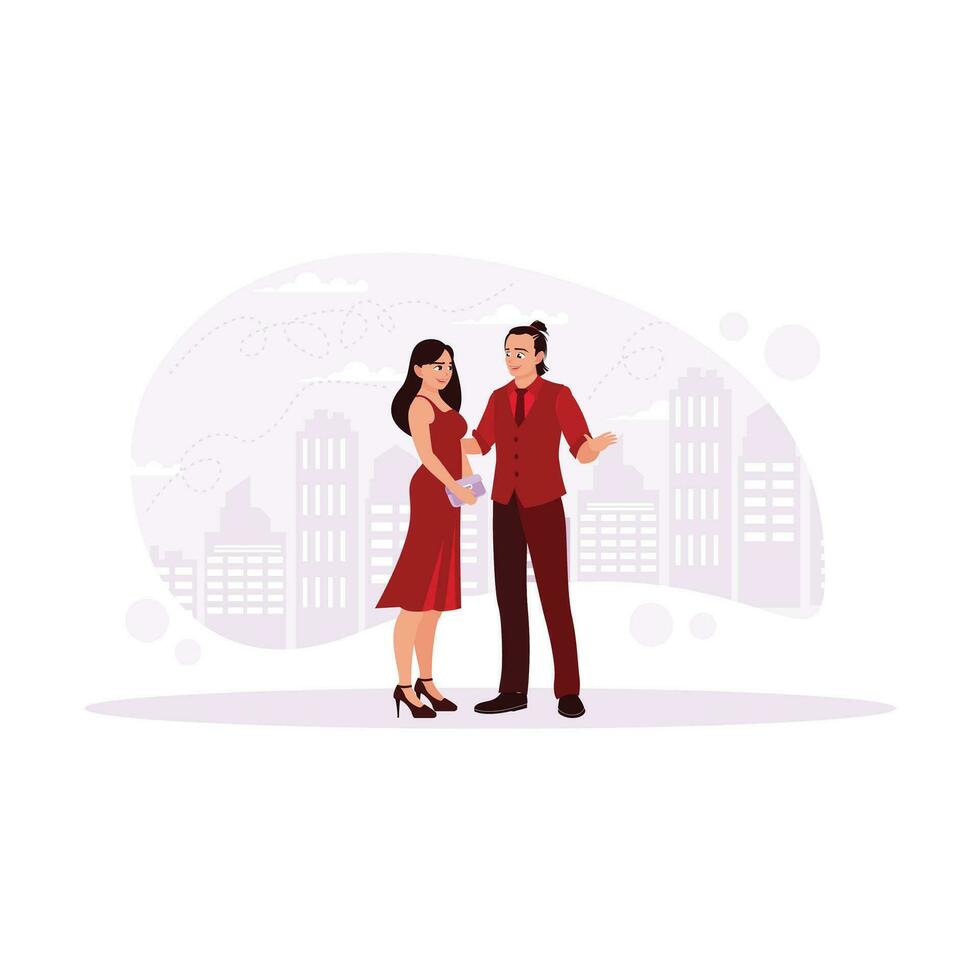 The happy young couple, a woman wearing an elegant dress and shoes and a man in a cool shirt and shoes. Meet each other in front of beautiful tall buildings. Trend Modern vector flat illustration.