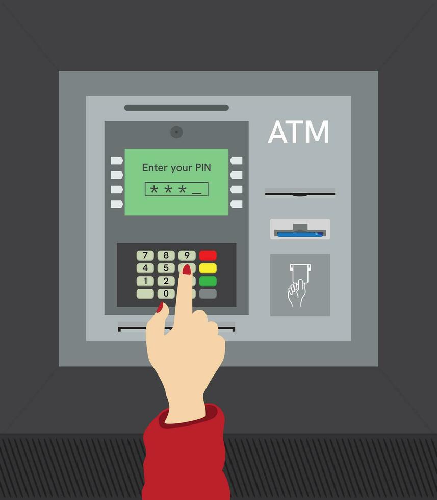 Woman's hand pressing ATM code to withdraw money at gray ATM machine and withdrawing money The procedure for receiving cash using plastic cards and special bank machines. Vector illustration EPS 10.