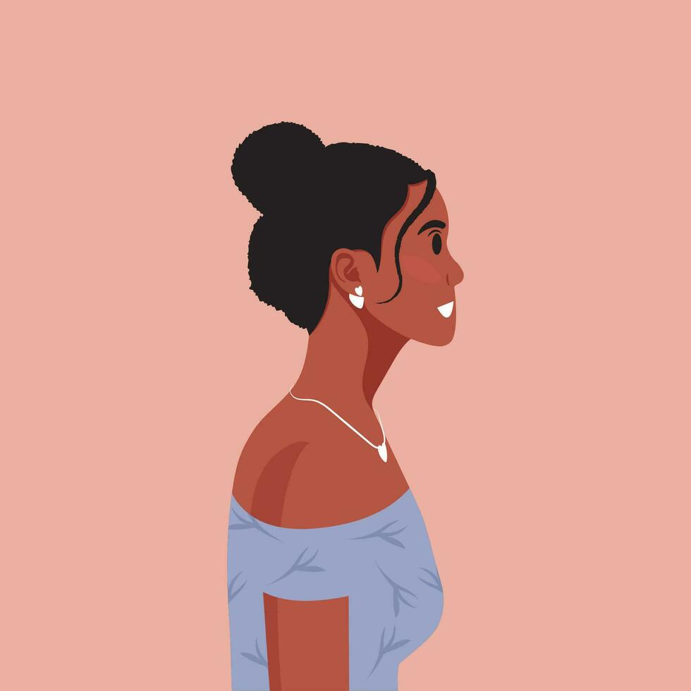 Young beautiful African American woman profile portrait. Female person with brown skin and curly hair. Vector illustration