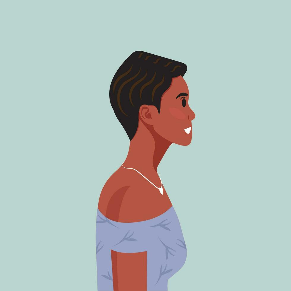Young beautiful African American woman profile portrait. Female person with brown skin and curly hair. Vector illustration