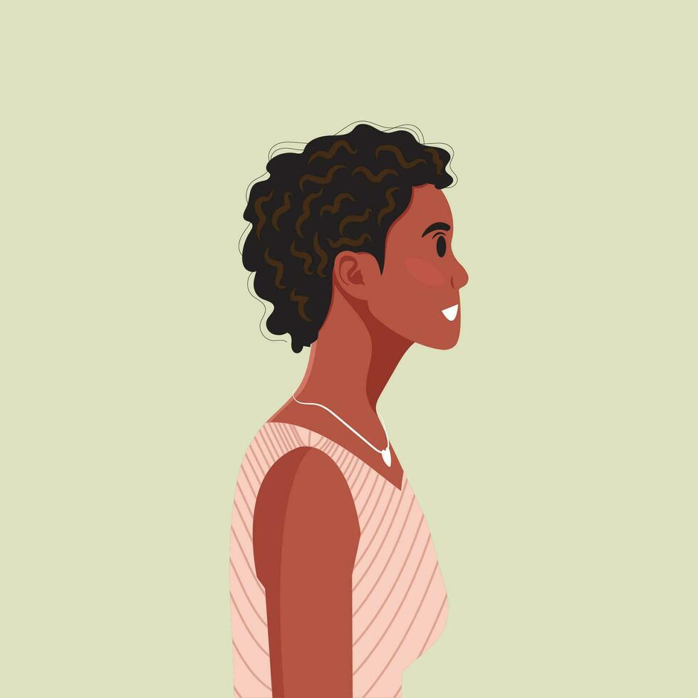 Young beautiful African American woman profile portrait. Female person with brown skin and curly hair. Vector illustration