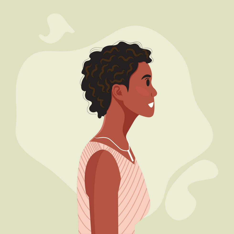 Young beautiful African American woman profile portrait. Female person with brown skin and curly hair. Vector illustration