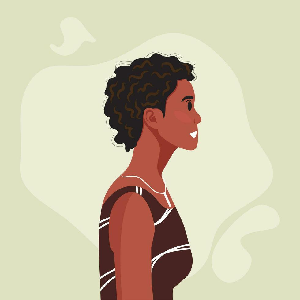 Young beautiful African American woman profile portrait. Female person with brown skin and curly hair. Vector illustration
