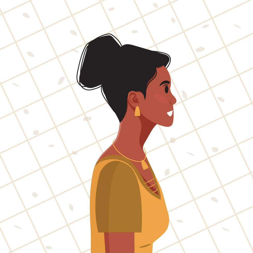 Young beautiful African American woman profile portrait. Female person with brown skin and curly hair. Vector illustration