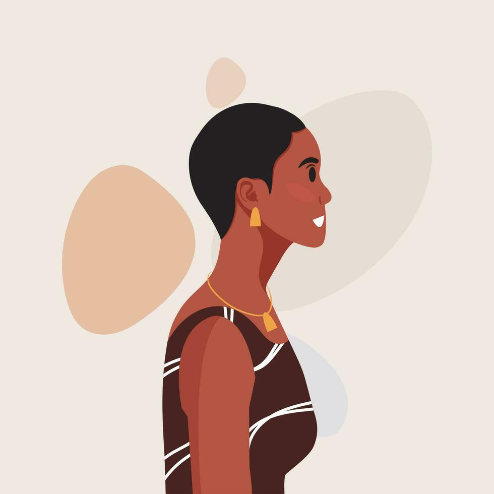 Young beautiful African American woman profile portrait. Female person with brown skin and curly hair. Vector illustration