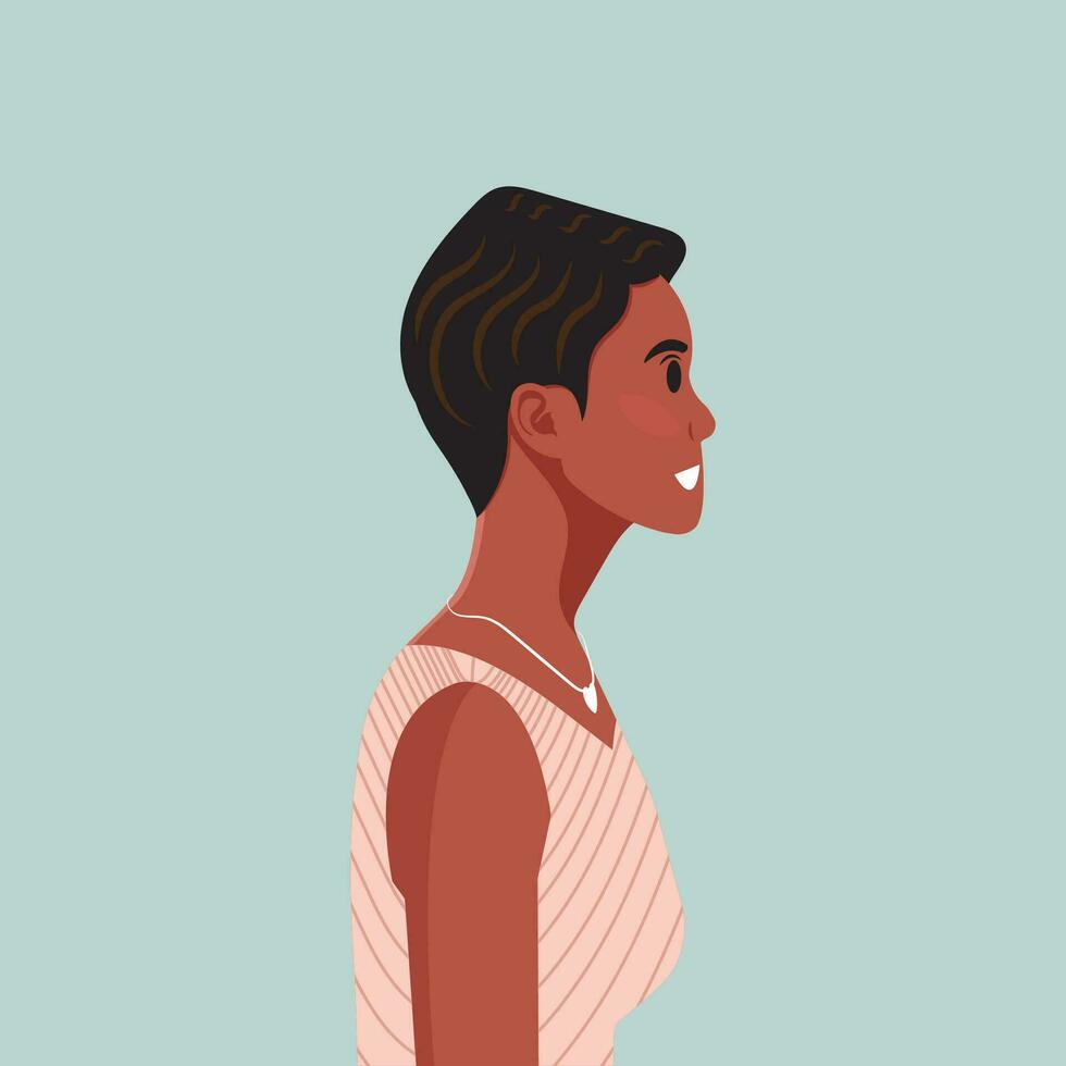 Young beautiful African American woman profile portrait. Female person with brown skin and curly hair. Vector illustration