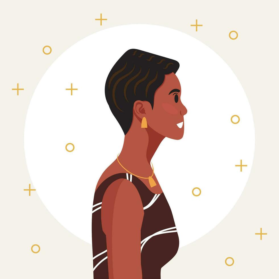 Young beautiful African American woman profile portrait. Female person with brown skin and curly hair. Vector illustration