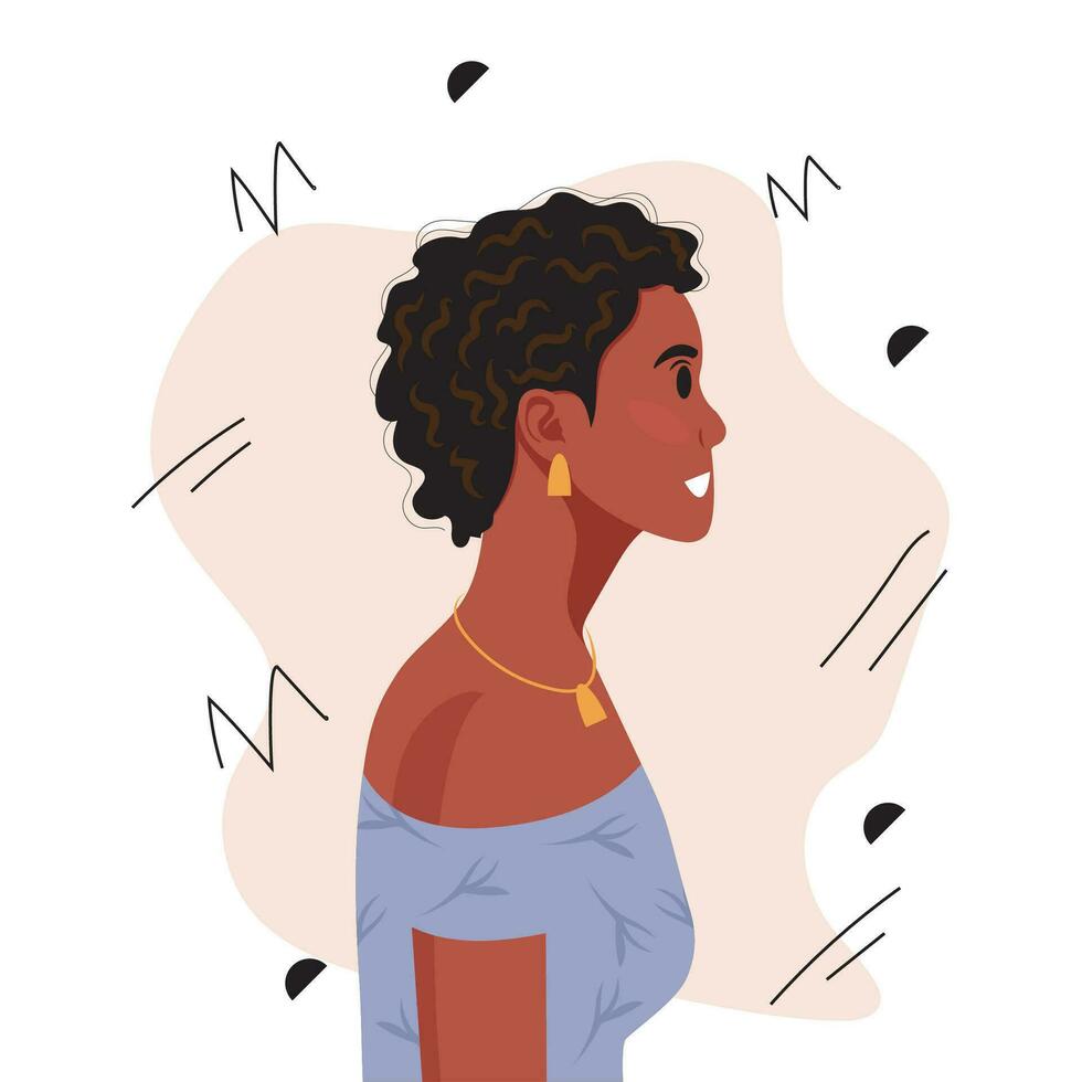 Young beautiful African American woman profile portrait. Female person with brown skin and curly hair. Vector illustration