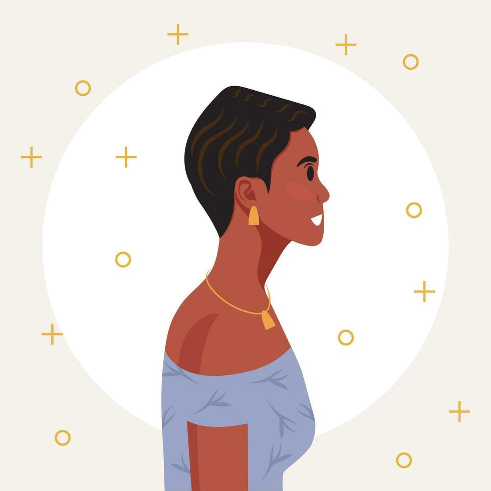 Young beautiful African American woman profile portrait. Female person with brown skin and curly hair. Vector illustration