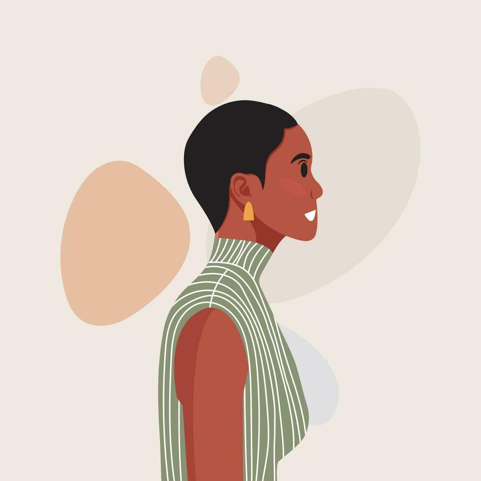 Young beautiful African American woman profile portrait. Female person with brown skin and curly hair. Vector illustration