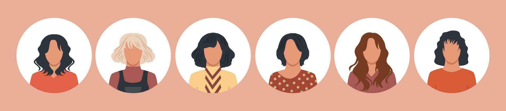 colección de personas retratos en diferente redondo marcos de varios grande negocio equipo vector plano ilustraciones. colección de avatares de gente, hombres y mujer. grupo de contento sonriente compañeros de trabajo