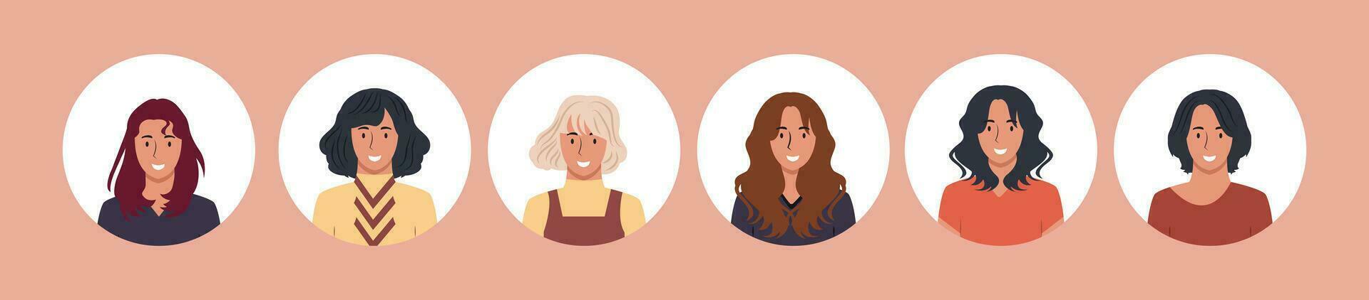 colección de personas retratos en diferente redondo marcos de varios grande negocio equipo vector plano ilustraciones. colección de avatares de gente, hombres y mujer. grupo de contento sonriente compañeros de trabajo