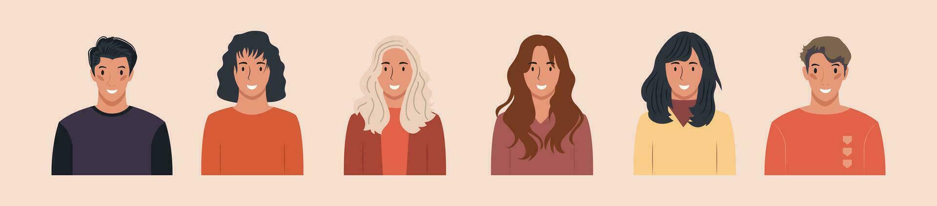 conjunto de diferente personas retratos de diverso grande negocio equipo vector plano ilustraciones. colección de avatares de gente, hombres y mujer. grupo de contento sonriente compañeros de trabajo