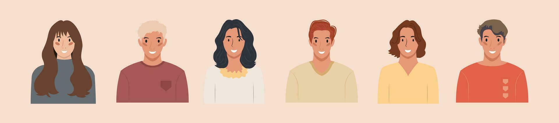 conjunto de diferente personas retratos de diverso grande negocio equipo vector plano ilustraciones. colección de avatares de gente, hombres y mujer. grupo de contento sonriente compañeros de trabajo