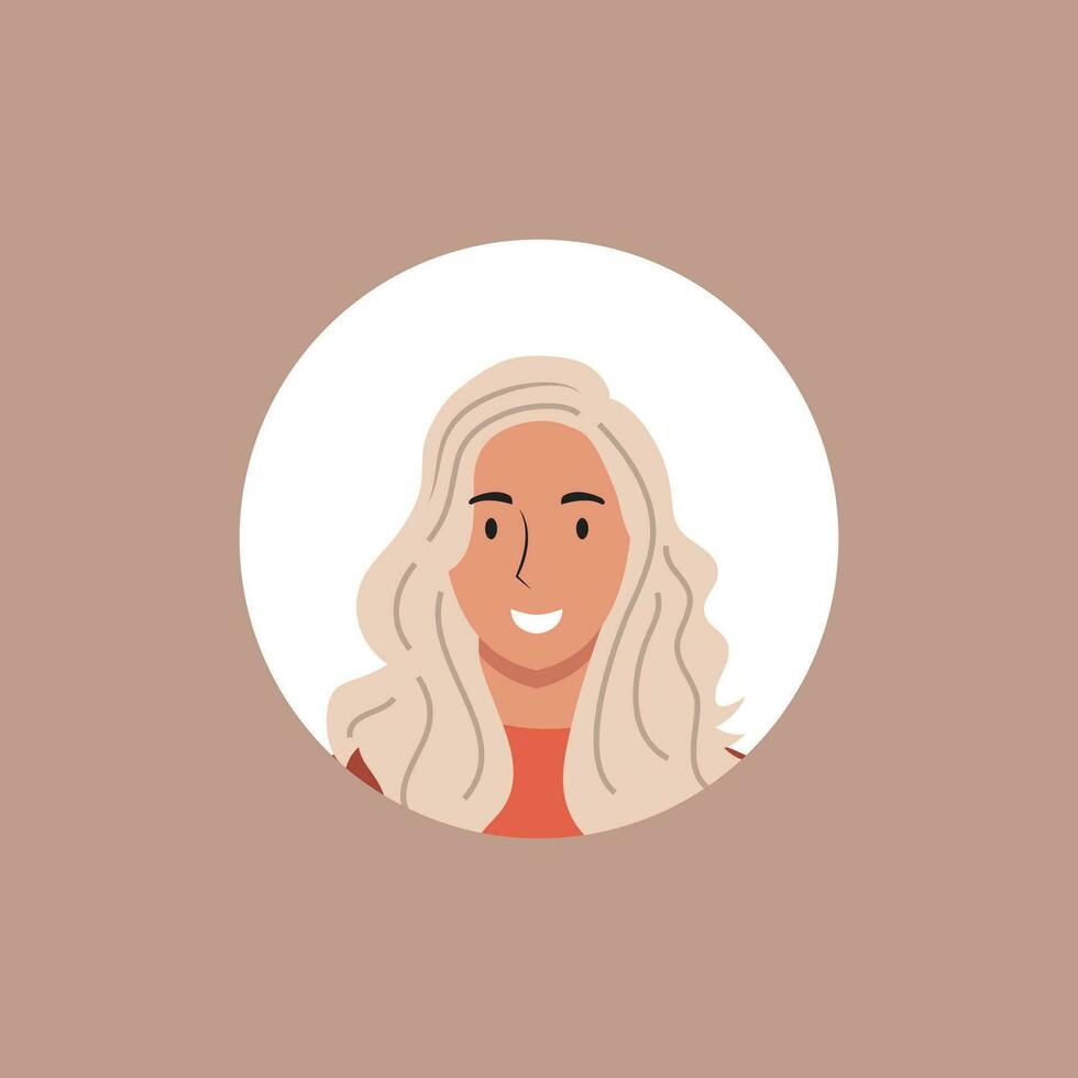 Round profile image of woman avatar for social networks. Fashion, beauty, blue and black. Bright vector illustration in trendy style.