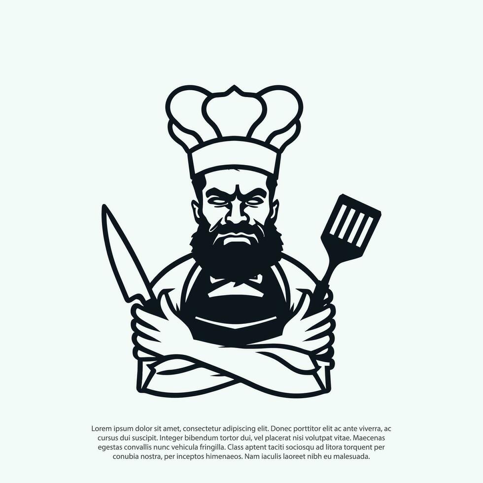 mad mustache and beard, serious chef in arms crossed pose with knive and spatula. chef cook in hat. Black and white vector illustration, for logo or restaurant branding
