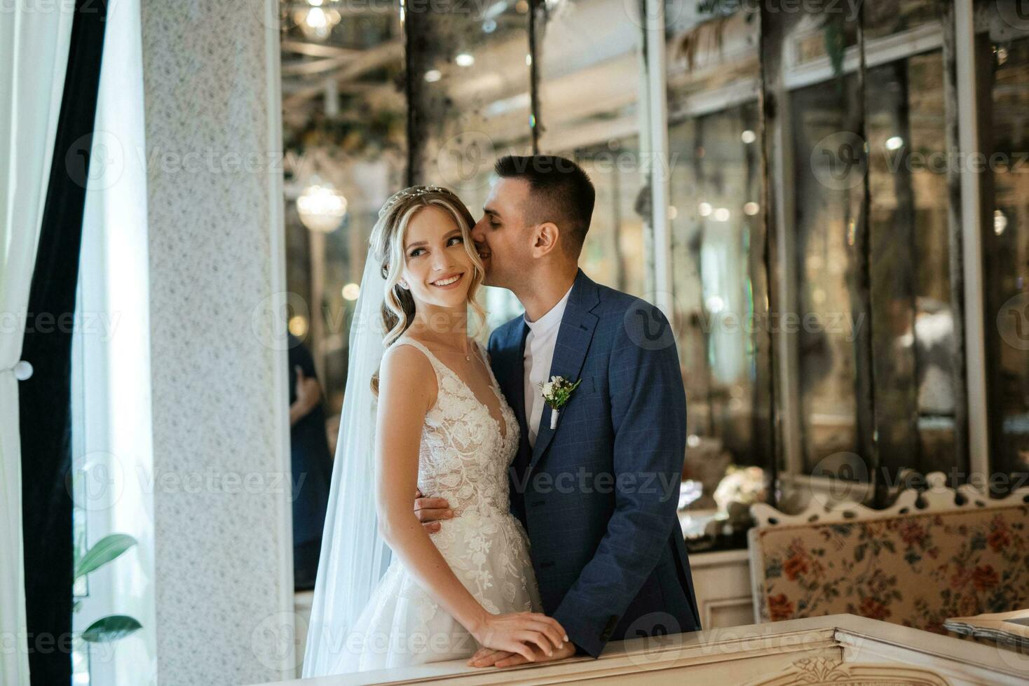 bride and groom inside a cocktail bar photo