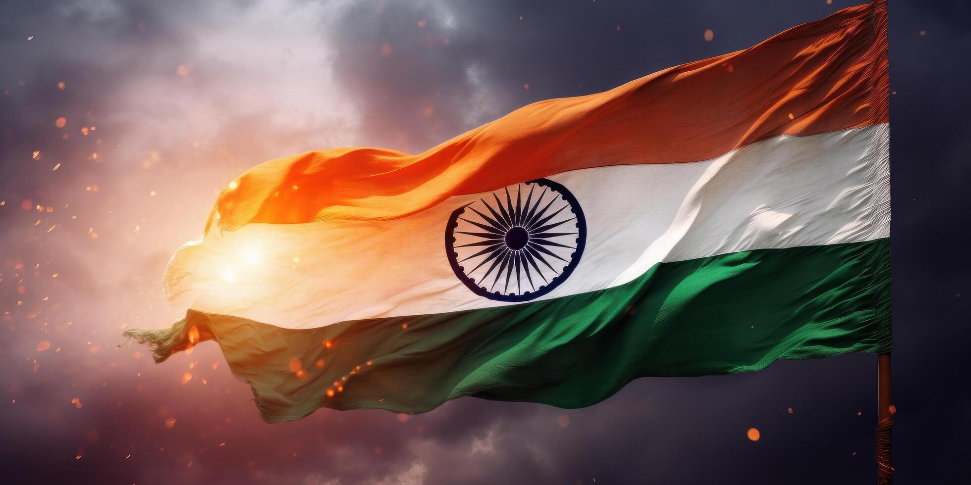 India Flag Waving with Effect Background, India Independence Day. Generative Ai photo