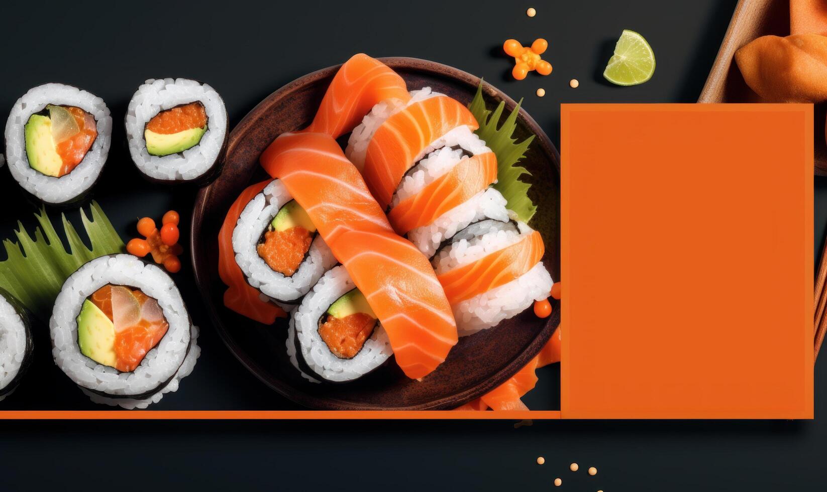 Sushi Advertising Background For Social Media Post, Japanese Sushi Roll with Salmons. photo