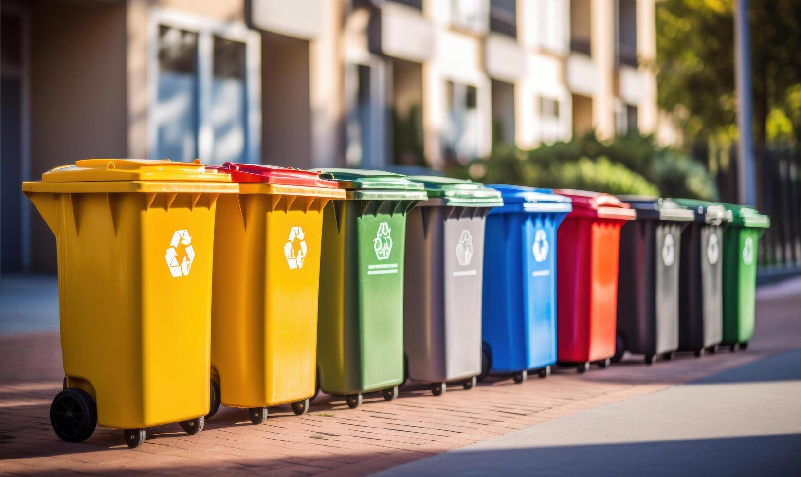 Different Colored Waste Bins, Recycling and Separating Different Types of Garbage Concept. photo