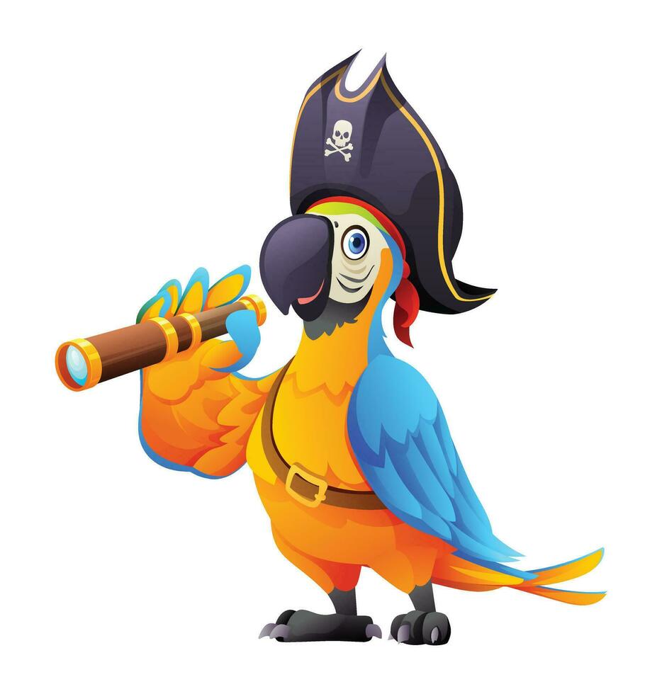 Cute pirate parrot with spyglass cartoon illustration isolated on white background vector