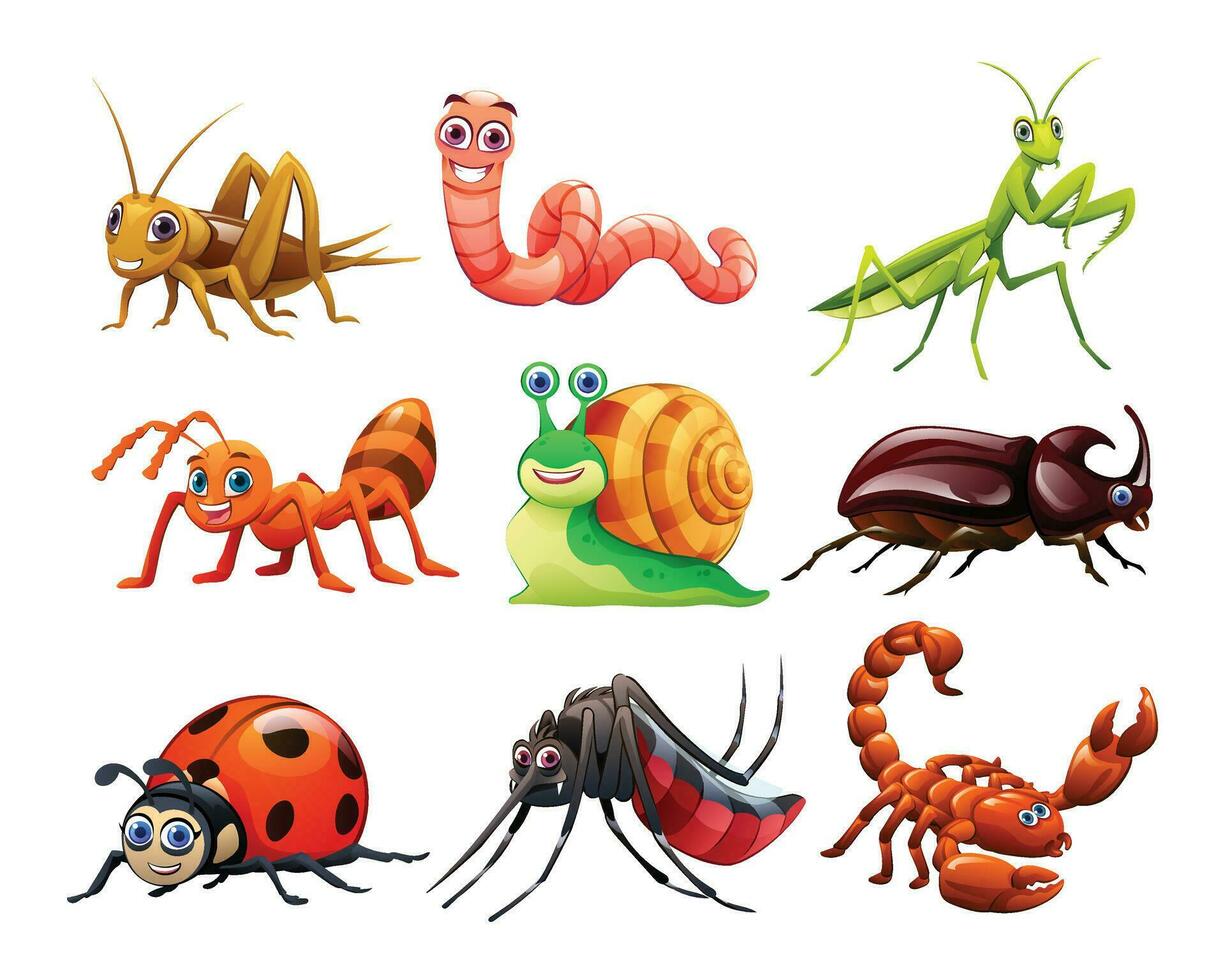 Set of cute insects in cartoon style vector