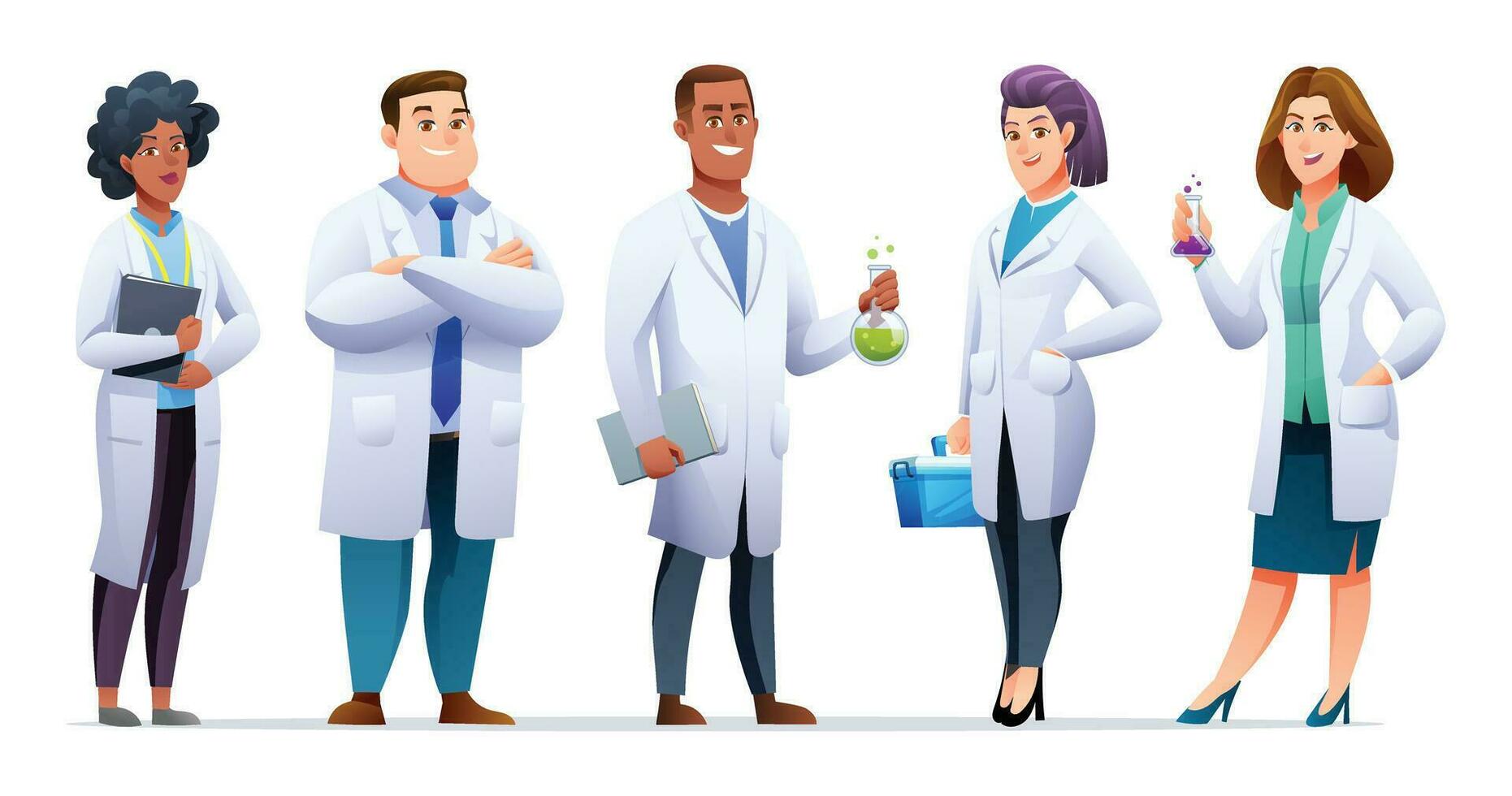 Set of man and woman scientist characters in cartoon style vector